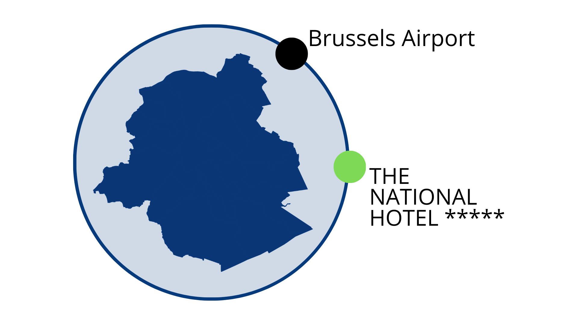 Situering van The National Hotel tov centrum Brussel en de luchthaven van Zaventem